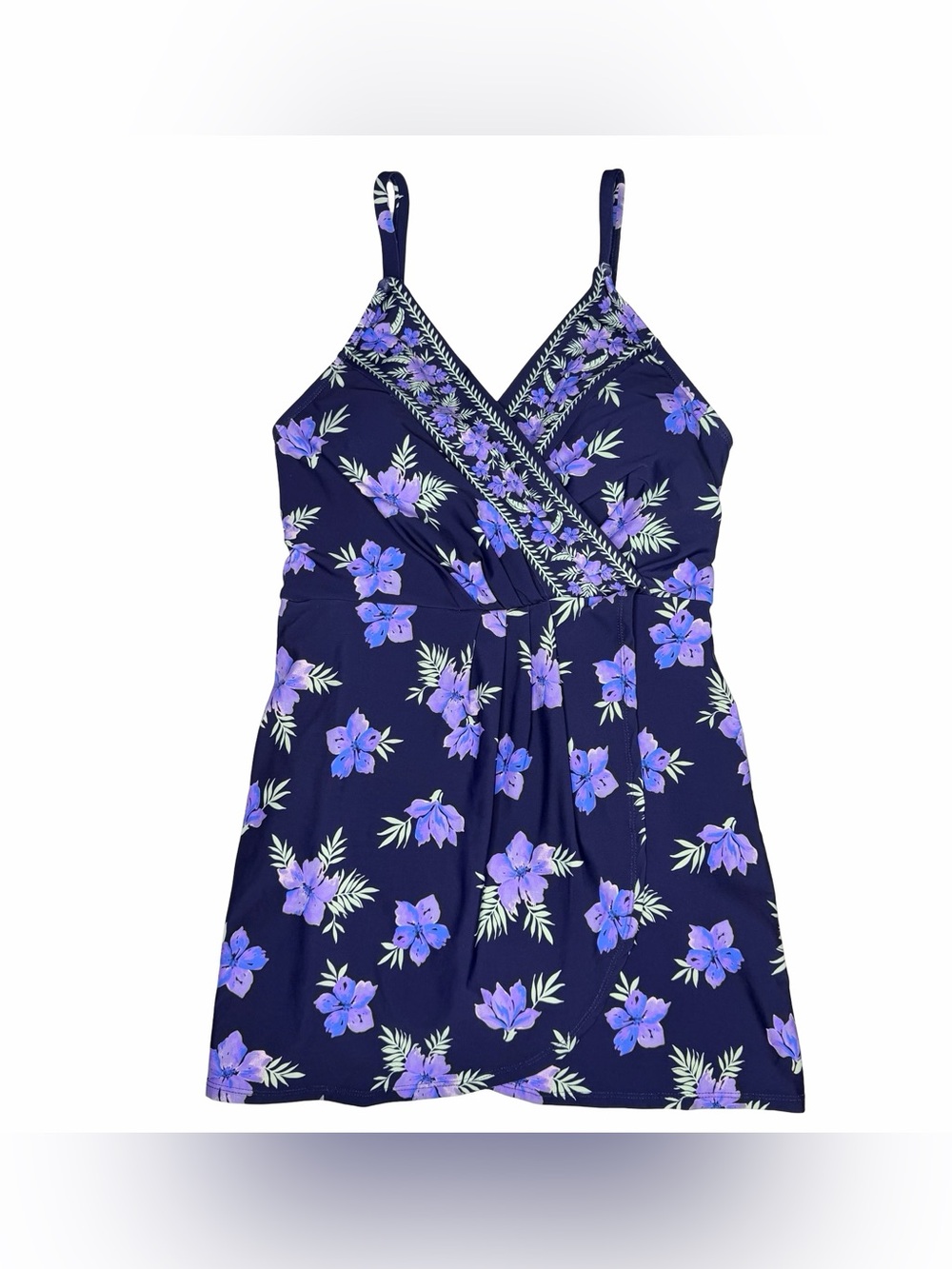 Lands’ End Navy And Purple Floral Swimsuit Dress Beachwear Resort Wear Modest